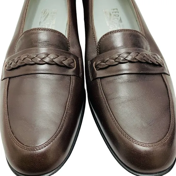 Stuart Weitzman Women's Braided Detail Brown Stacked Heel Slip-On Loafers 9.5