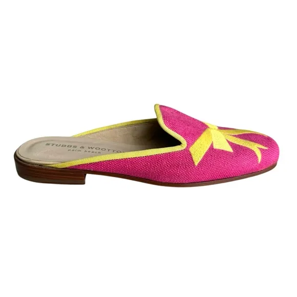 Stubbs &amp; Wootton Fuchsia Yellow Embroidered Royal Bow Flats Mules Women’s 8.5