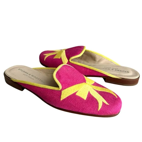 Stubbs &amp; Wootton Fuchsia Yellow Embroidered Royal Bow Flats Mules Women’s 8.5