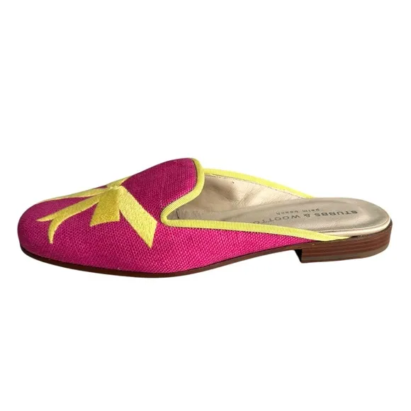 Stubbs &amp; Wootton Fuchsia Yellow Embroidered Royal Bow Flats Mules Women’s 8.5