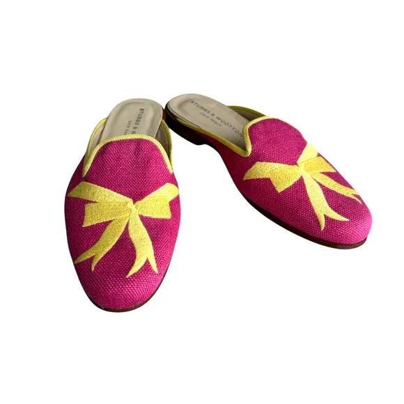 Stubbs &amp; Wootton Fuchsia Yellow Embroidered Royal Bow Flats Mules Women’s 8.5