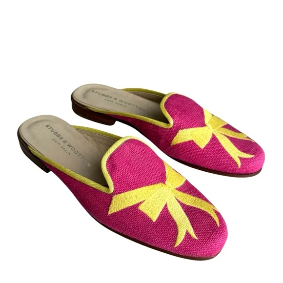Stubbs &amp; Wootton Fuchsia Yellow Embroidered Royal Bow Flats Mules Women’s 8.5