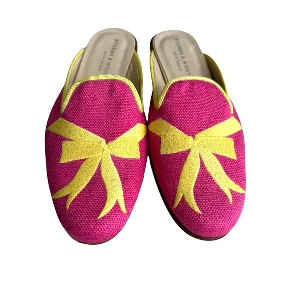 Stubbs &amp; Wootton Fuchsia Yellow Embroidered Royal Bow Flats Mules Women’s 8.5