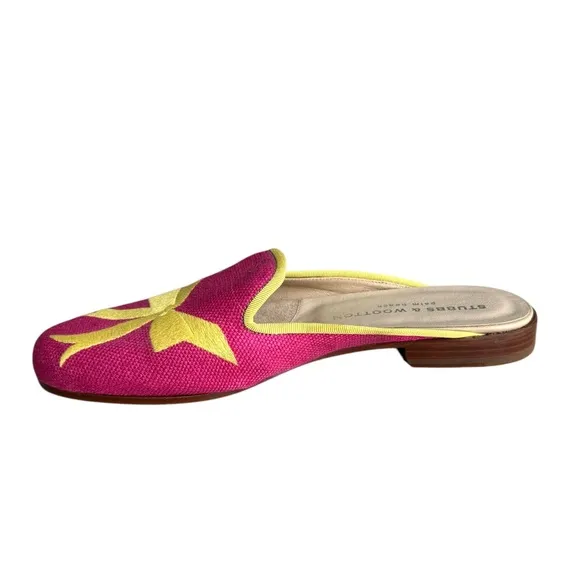 Stubbs &amp; Wootton Fuchsia Yellow Embroidered Royal Bow Flats Mules Women’s 8.5