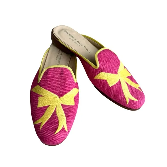 Stubbs &amp; Wootton Fuchsia Yellow Embroidered Royal Bow Flats Mules Women’s 8.5