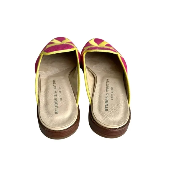 Stubbs &amp; Wootton Fuchsia Yellow Embroidered Royal Bow Flats Mules Women’s 8.5