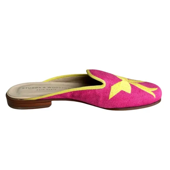 Stubbs &amp; Wootton Fuchsia Yellow Embroidered Royal Bow Flats Mules Women’s 8.5