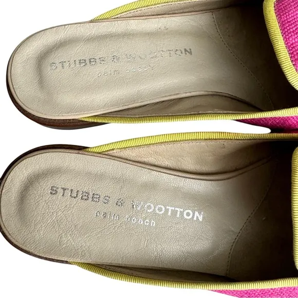 Stubbs &amp; Wootton Fuchsia Yellow Embroidered Royal Bow Flats Mules Women’s 8.5