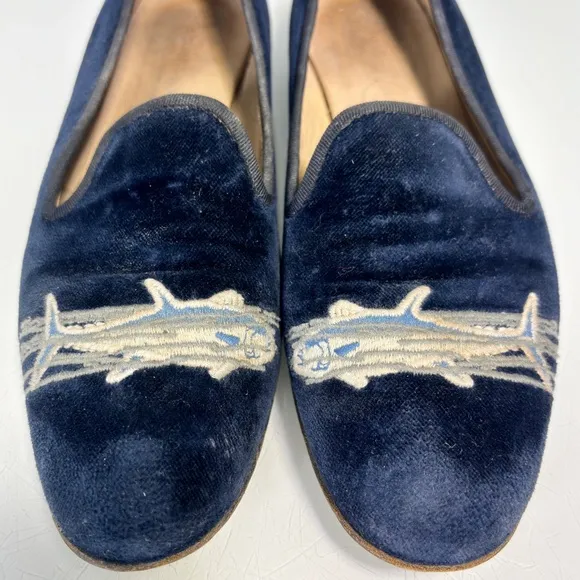 Stubbs &amp; Wootton Palm Beach Navy Blue Velvet Embroidered Fish Loafers Size 8 AA