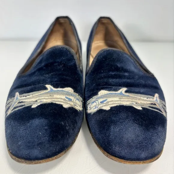 Stubbs &amp; Wootton Palm Beach Navy Blue Velvet Embroidered Fish Loafers Size 8 AA