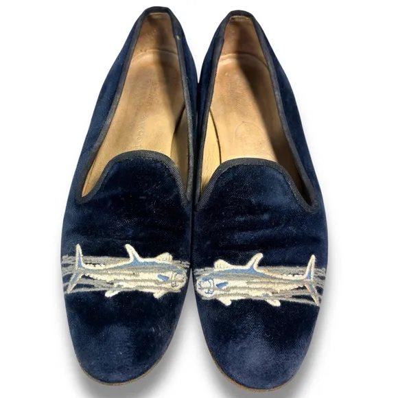 Stubbs &amp; Wootton Palm Beach Navy Blue Velvet Embroidered Fish Loafers Size 8 AA