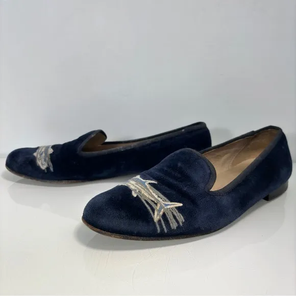 Stubbs &amp; Wootton Palm Beach Navy Blue Velvet Embroidered Fish Loafers Size 8 AA