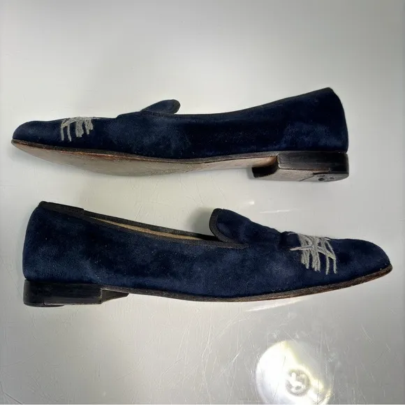 Stubbs &amp; Wootton Palm Beach Navy Blue Velvet Embroidered Fish Loafers Size 8 AA