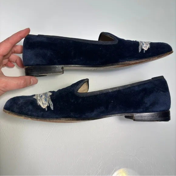 Stubbs &amp; Wootton Palm Beach Navy Blue Velvet Embroidered Fish Loafers Size 8 AA