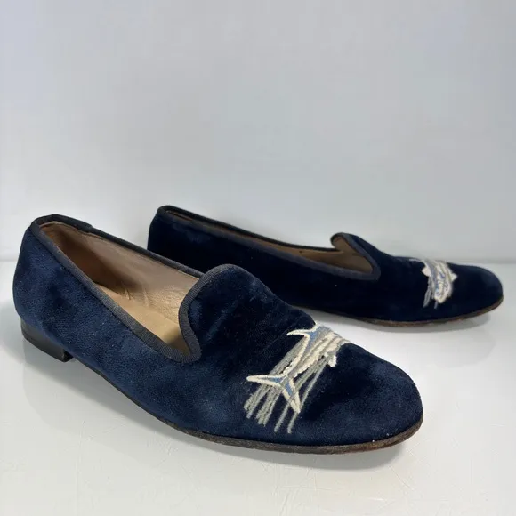 Stubbs &amp; Wootton Palm Beach Navy Blue Velvet Embroidered Fish Loafers Size 8 AA