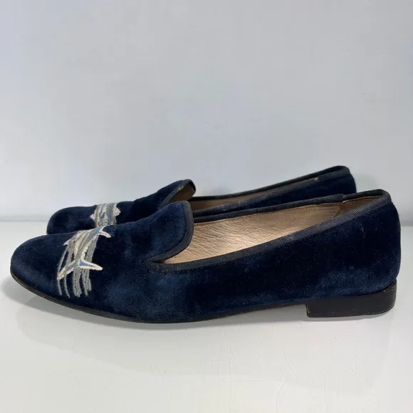Stubbs &amp; Wootton Palm Beach Navy Blue Velvet Embroidered Fish Loafers Size 8 AA