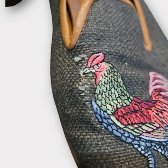 Stubbs &amp; Wootton Rooster Embroidered Leather Trim Canvas Loafer Flats