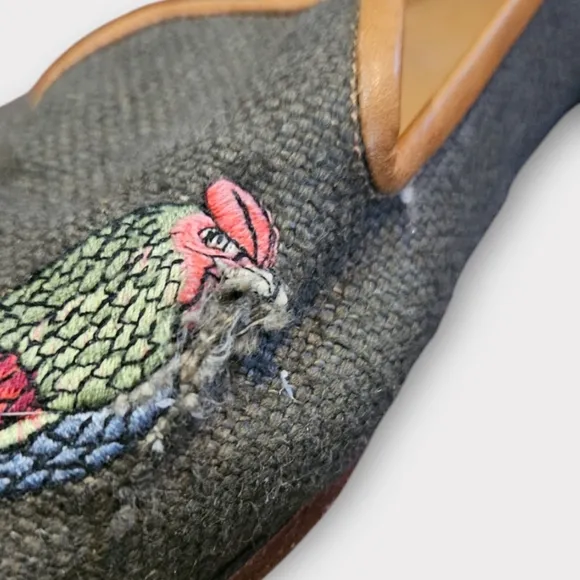 Stubbs &amp; Wootton Rooster Embroidered Leather Trim Canvas Loafer Flats