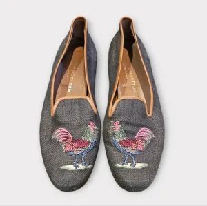 Stubbs &amp; Wootton Rooster Embroidered Leather Trim Canvas Loafer Flats