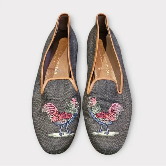 Stubbs &amp; Wootton Rooster Embroidered Leather Trim Canvas Loafer Flats