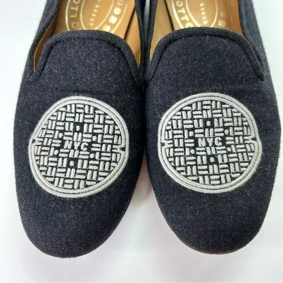 Stubbs Wootton NYC Manhole Cover Embroidered Slipper Loafers Charcoal Grey 7