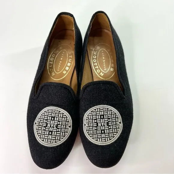 Stubbs Wootton NYC Manhole Cover Embroidered Slipper Loafers Charcoal Grey 7