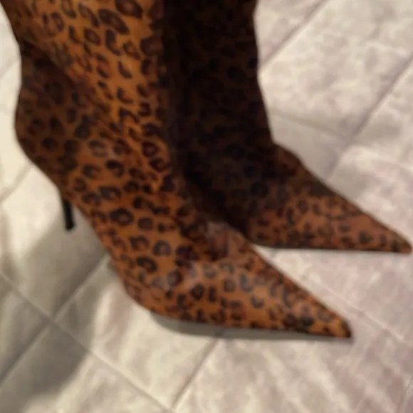 Studio Pollini Leopard Calf Hair Pointed High Heel Zip Up Boots Size 37 1/2