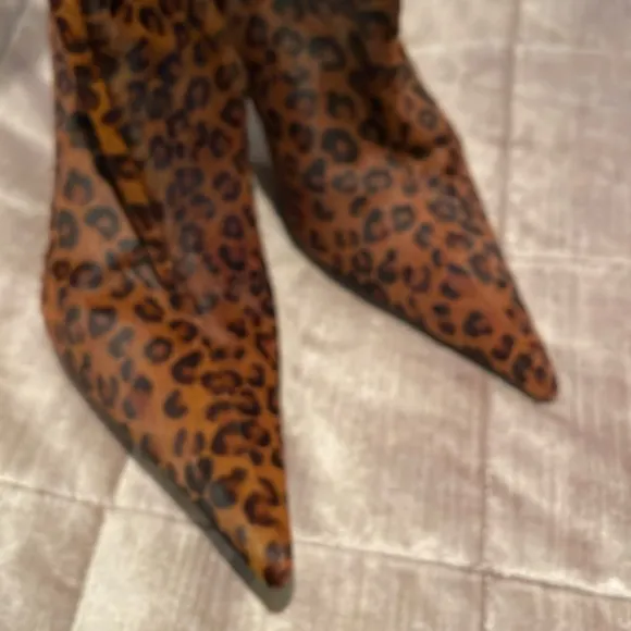 Studio Pollini Leopard Calf Hair Pointed High Heel Zip Up Boots Size 37 1/2