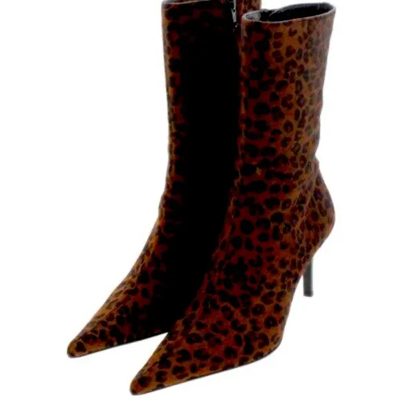 Studio Pollini Leopard Calf Hair Pointed High Heel Zip Up Boots Size 37 1/2