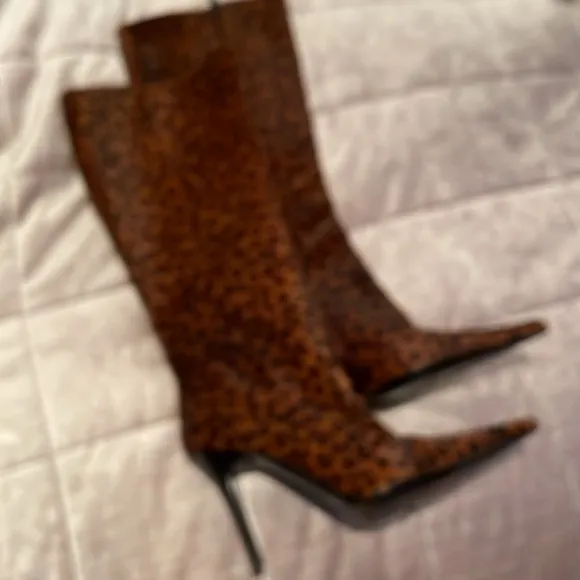 Studio Pollini Leopard Calf Hair Pointed High Heel Zip Up Boots Size 37 1/2