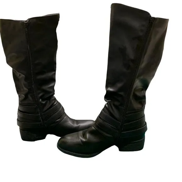 Sugar Dabble Knee High Wide Calf Faux Leather Black Boots Straps/Buckles. Size9M