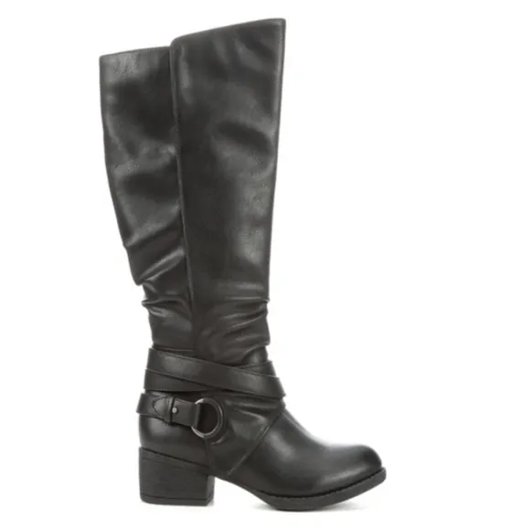 Sugar Dabble Knee High Wide Calf Faux Leather Black Boots Straps/Buckles. Size9M