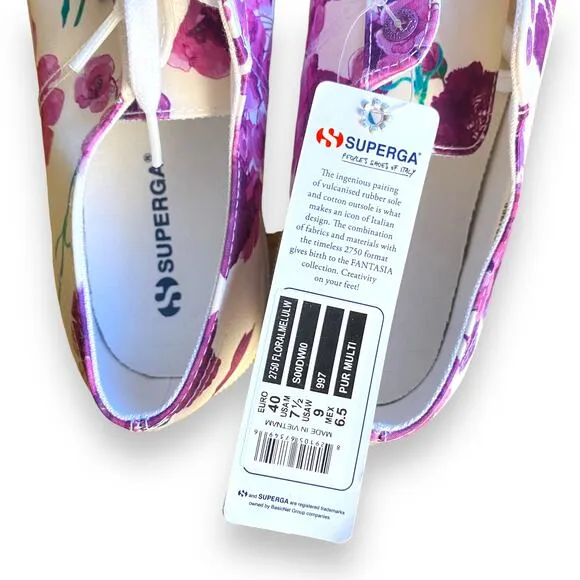 Superga Fantasia Collection Purple Floral Low Top Summer Sneakers Women's US 9