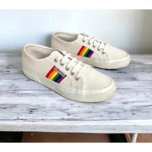 Superga White Rainbow Canvas Platform Sneakers in White, Size 7