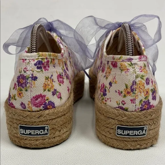 Superga X LoveShackFancy White, Purple Floral Rope Platform Sneakers. Size 9