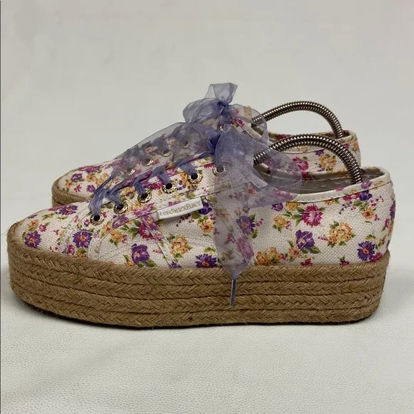 Superga X LoveShackFancy White, Purple Floral Rope Platform Sneakers. Size 9