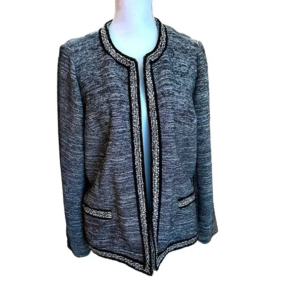 Talbots - Black Tweed Knit Open Front Cardigan Blazer with fringe trim