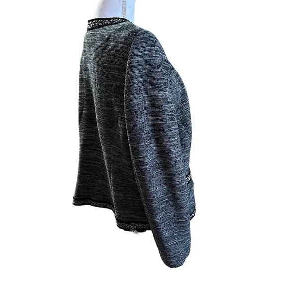 Talbots - Black Tweed Knit Open Front Cardigan Blazer with fringe trim