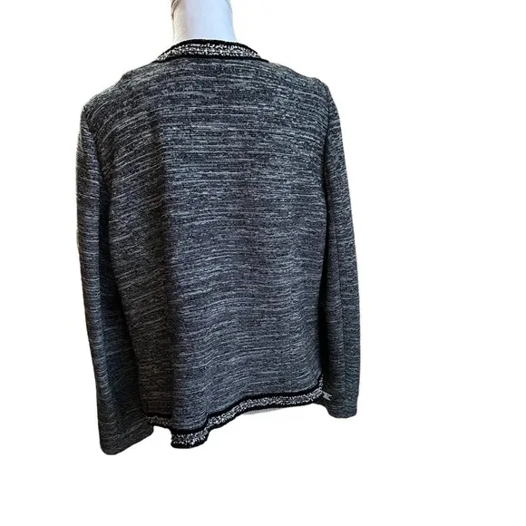 Talbots - Black Tweed Knit Open Front Cardigan Blazer with fringe trim