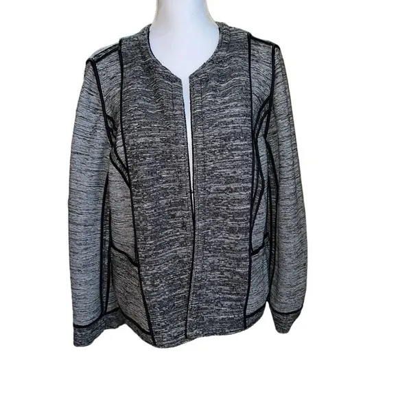 Talbots - Black Tweed Knit Open Front Cardigan Blazer with fringe trim