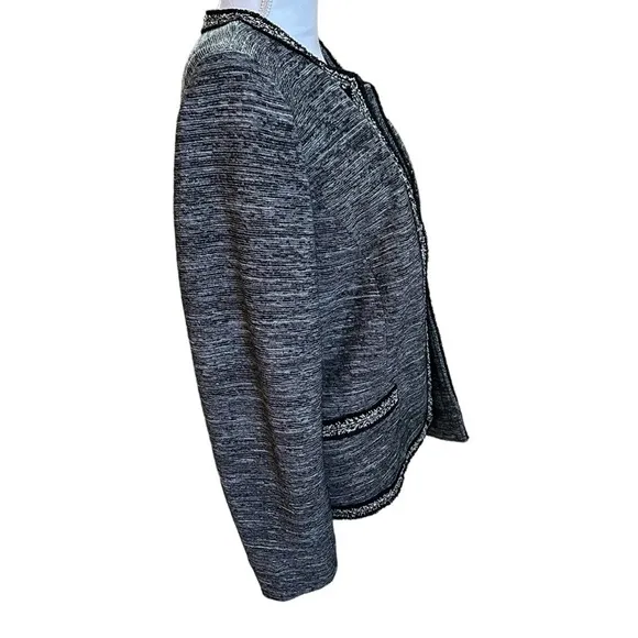 Talbots - Black Tweed Knit Open Front Cardigan Blazer with fringe trim