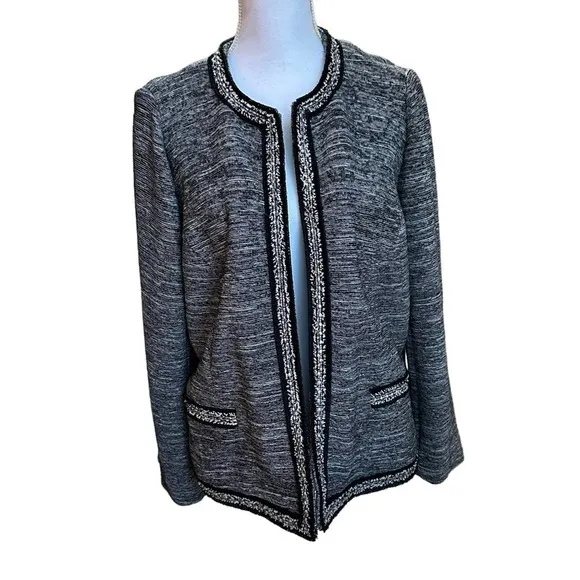 Talbots - Black Tweed Knit Open Front Cardigan Blazer with fringe trim