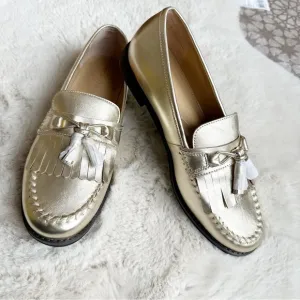 Talbots Laura leather tassel loafers Size 9 Gold Metallic Minimalist Corpcore