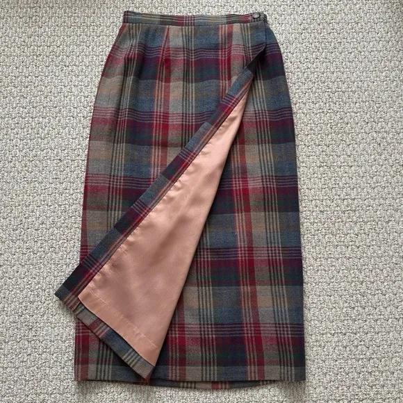 Talbots Red Blue Wool Plaid Wrap Vintage Lined Midi Skirt Size 6