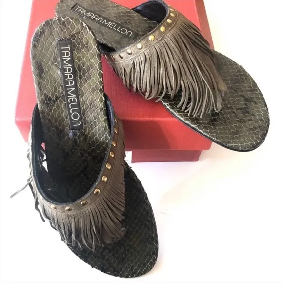 Tamara Mellon Desert Fringe Flat Thong Sandals New In Box NIB