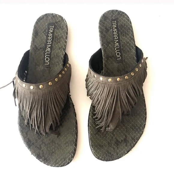 Tamara Mellon Desert Fringe Flat Thong Sandals New In Box NIB