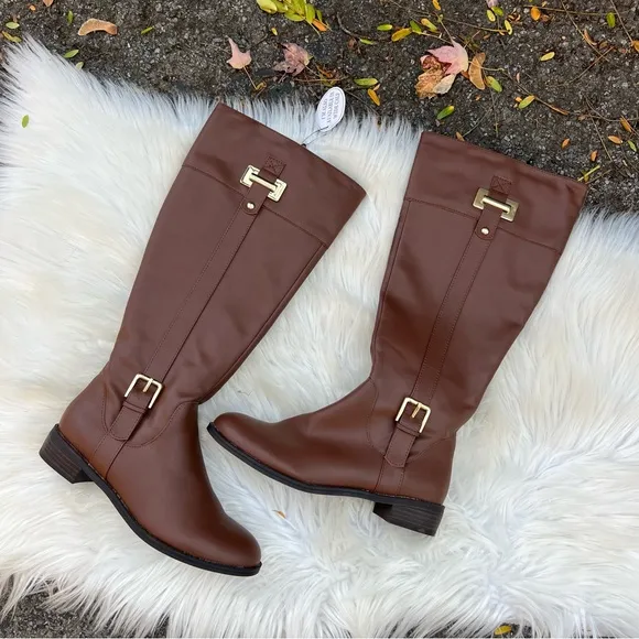 Tan and Gold Buckle Wide Calf Faux Leather Knee High Boots