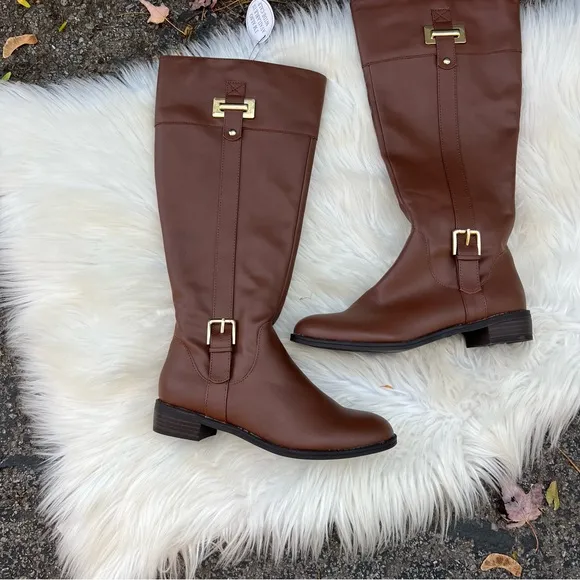 Tan and Gold Buckle Wide Calf Faux Leather Knee High Boots
