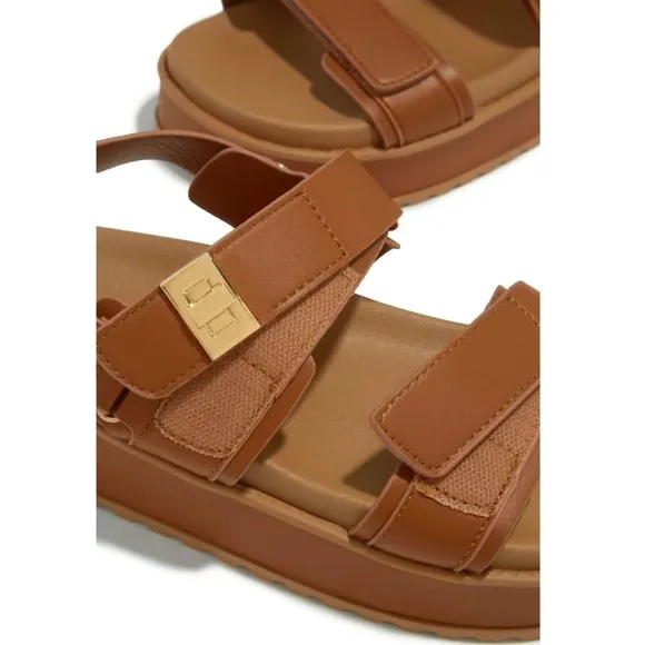 Tan Double Velcro Straps Platform Sandals