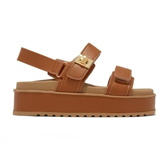 Tan Double Velcro Straps Platform Sandals